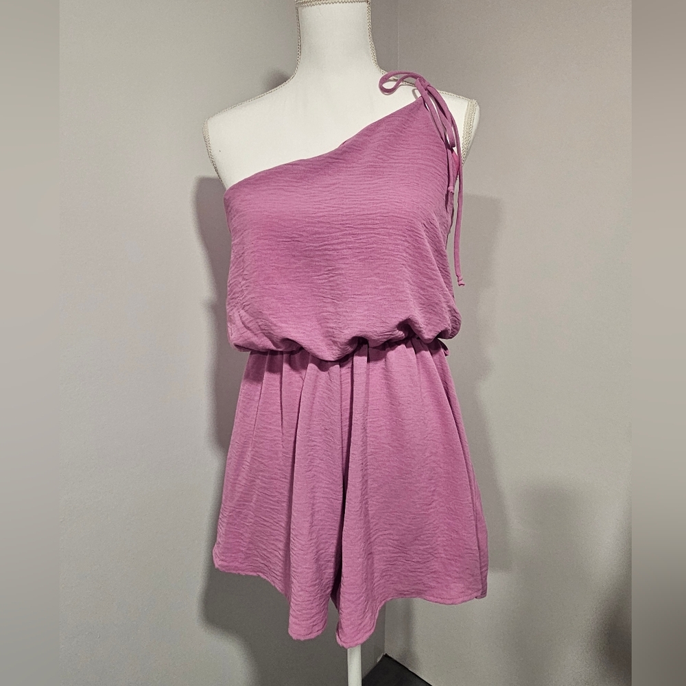 Fashion Nova Mauve One-Shoulder Tie Silky Summer Shorts Jumpsuit